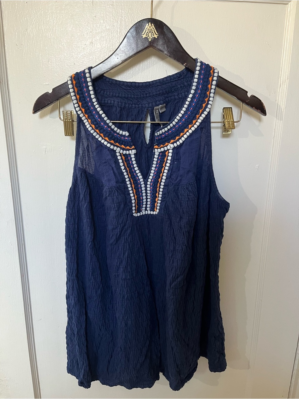 New Directions Boho Embroidered Tank Top Navy Blue Size 0X EUC